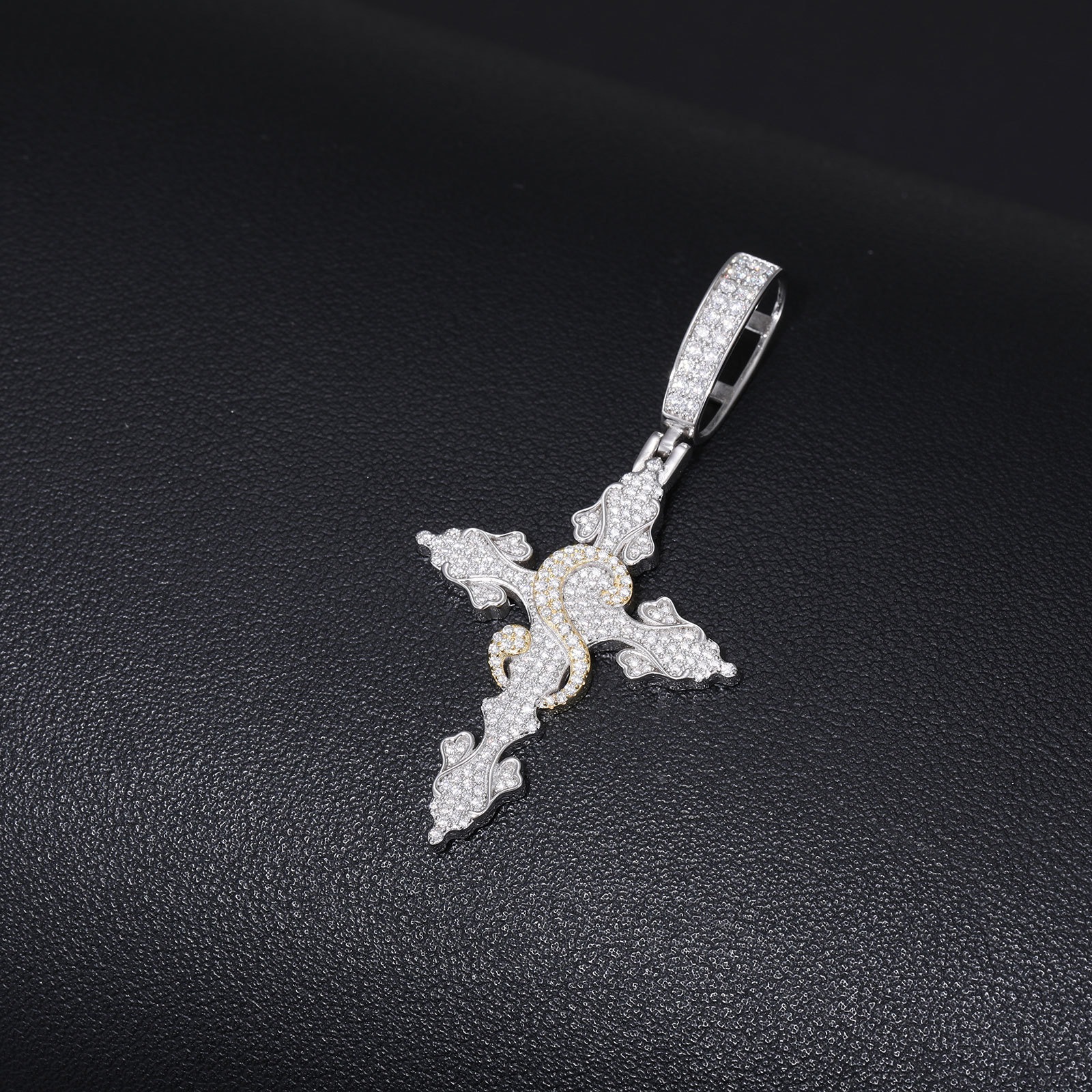 Moissanite Two-Tone Scroll Cross Pendant – 1.47ct DEW - alternate view