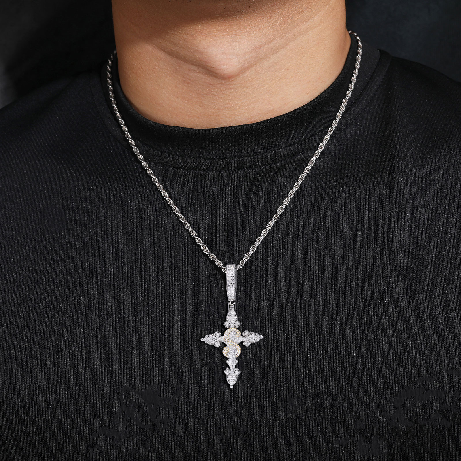Moissanite Two-Tone Scroll Cross Pendant – 1.47ct DEW - Image 4