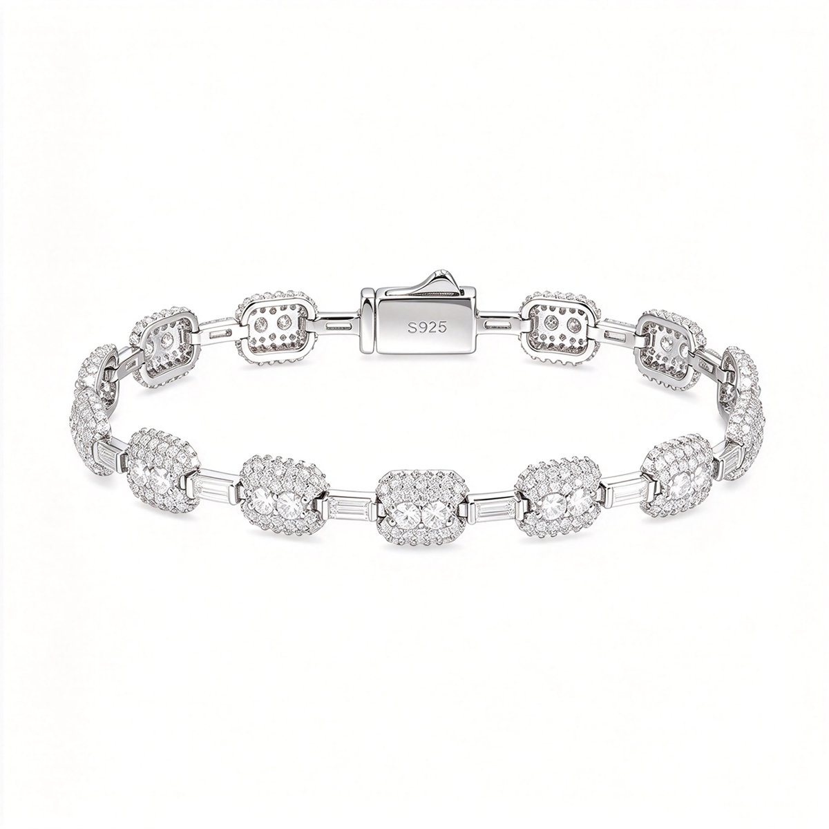 Cushion-Link Pavé & Baguette Moissanite Bracelet – 7mm