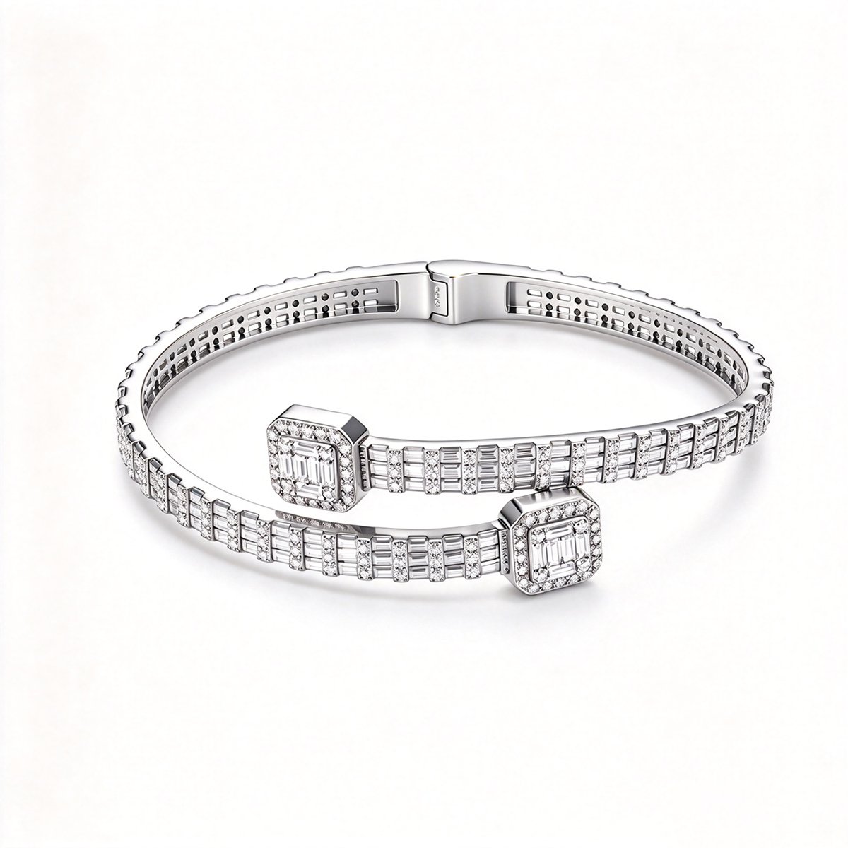 Baguette Moissanite Bypass Bangle – 5mm Hinged Iced Cuff