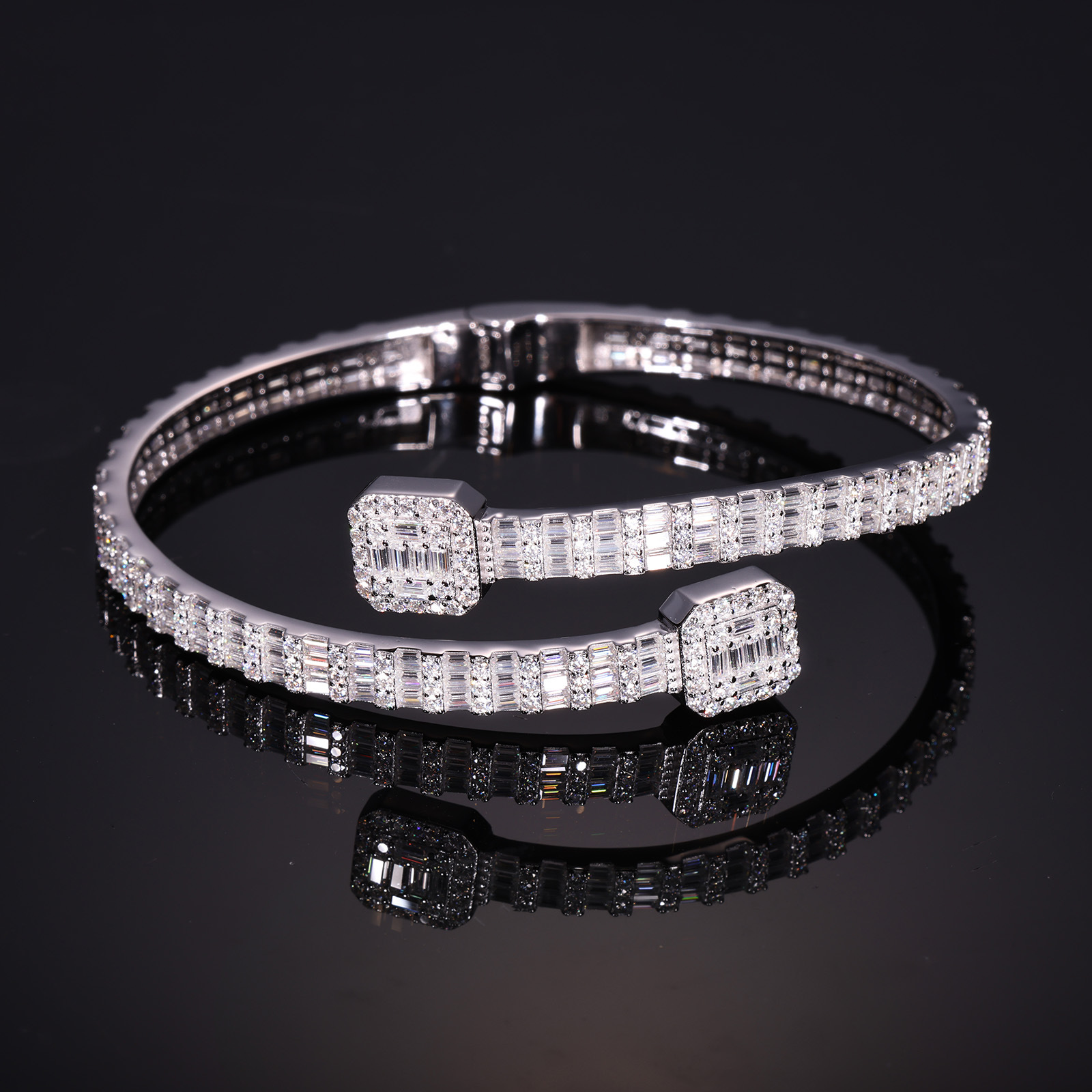 Baguette Moissanite Bypass Bangle – 5mm Hinged Iced Cuff - alternate view