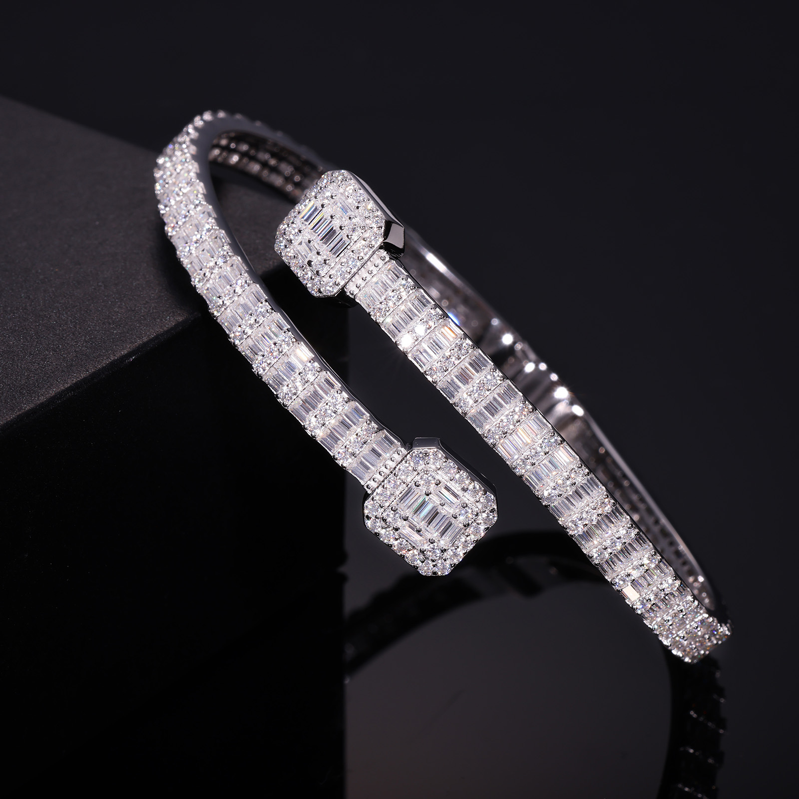 Baguette Moissanite Bypass Bangle – 5mm Hinged Iced Cuff - Image 3
