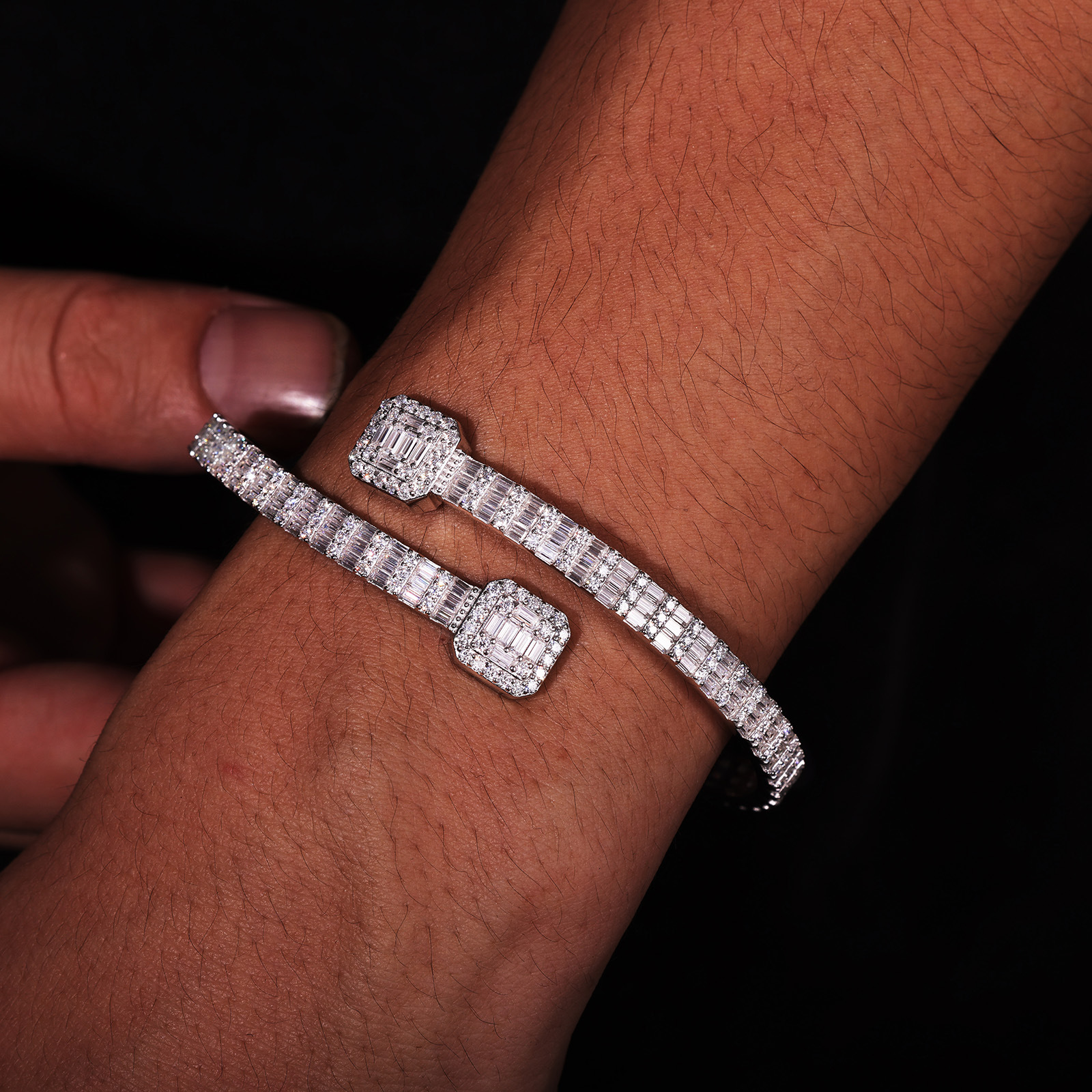 Baguette Moissanite Bypass Bangle – 5mm Hinged Iced Cuff - Image 4