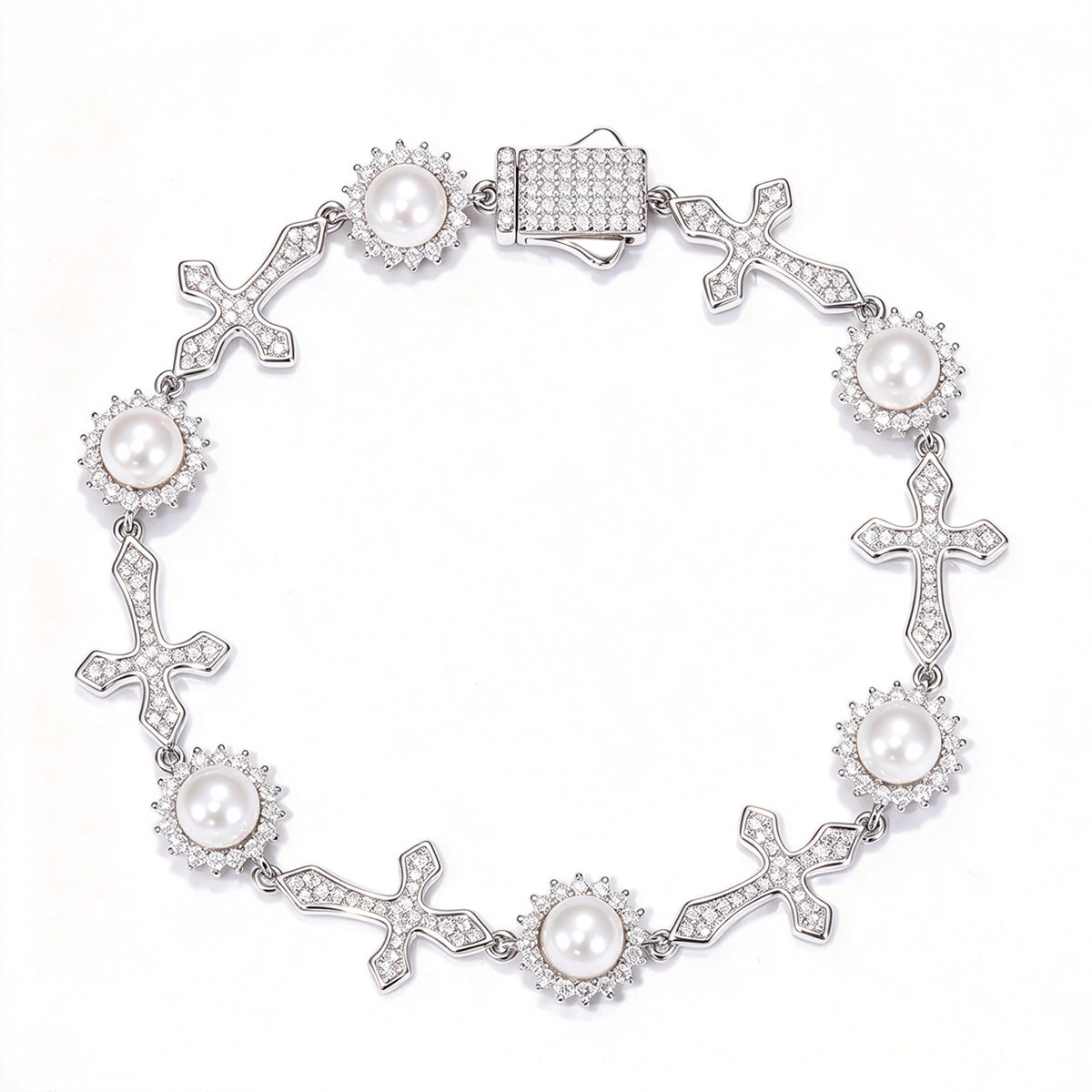 Moissanite Cross & Pearl Link Bracelet – 12mm
