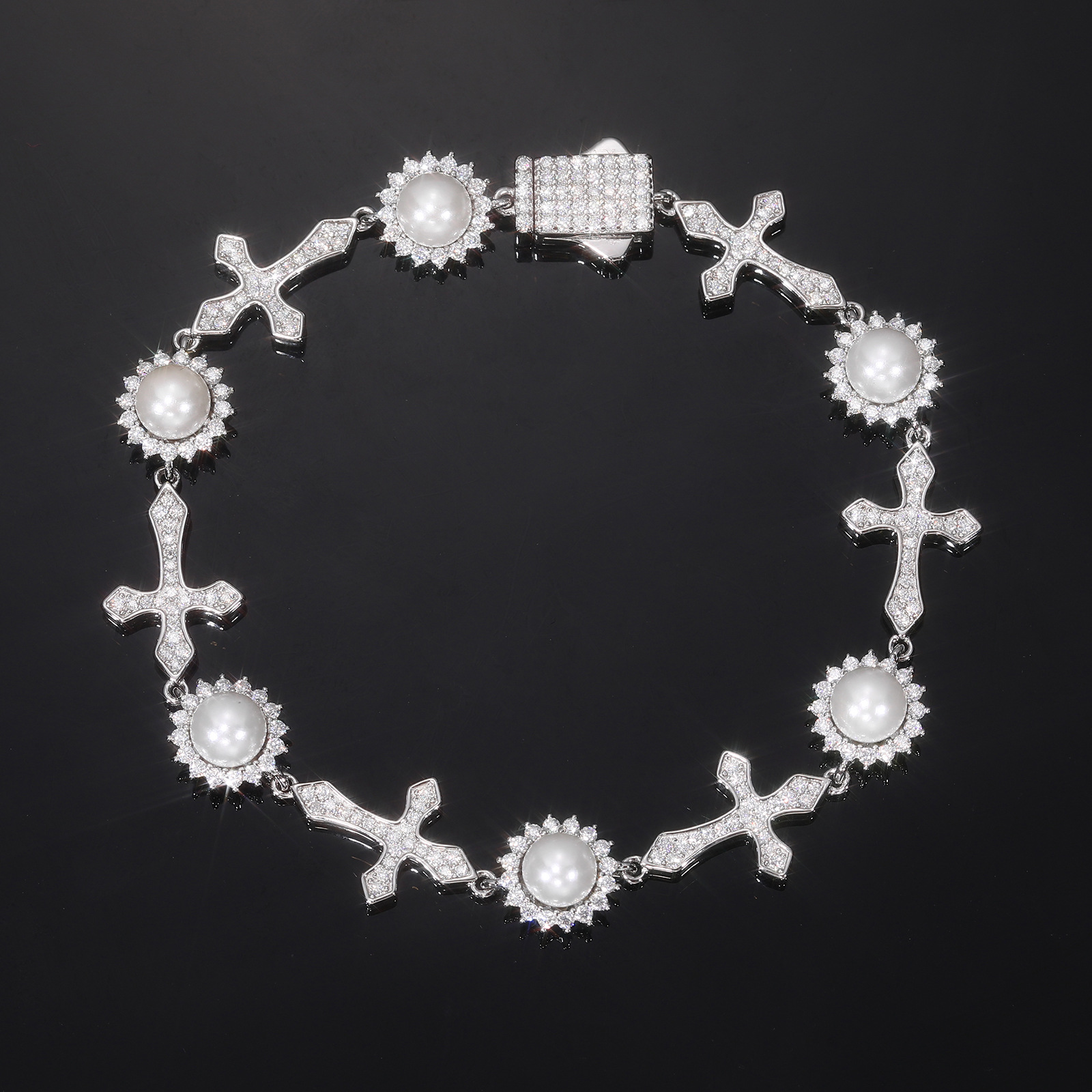 Moissanite Cross & Pearl Link Bracelet – 12mm - alternate view