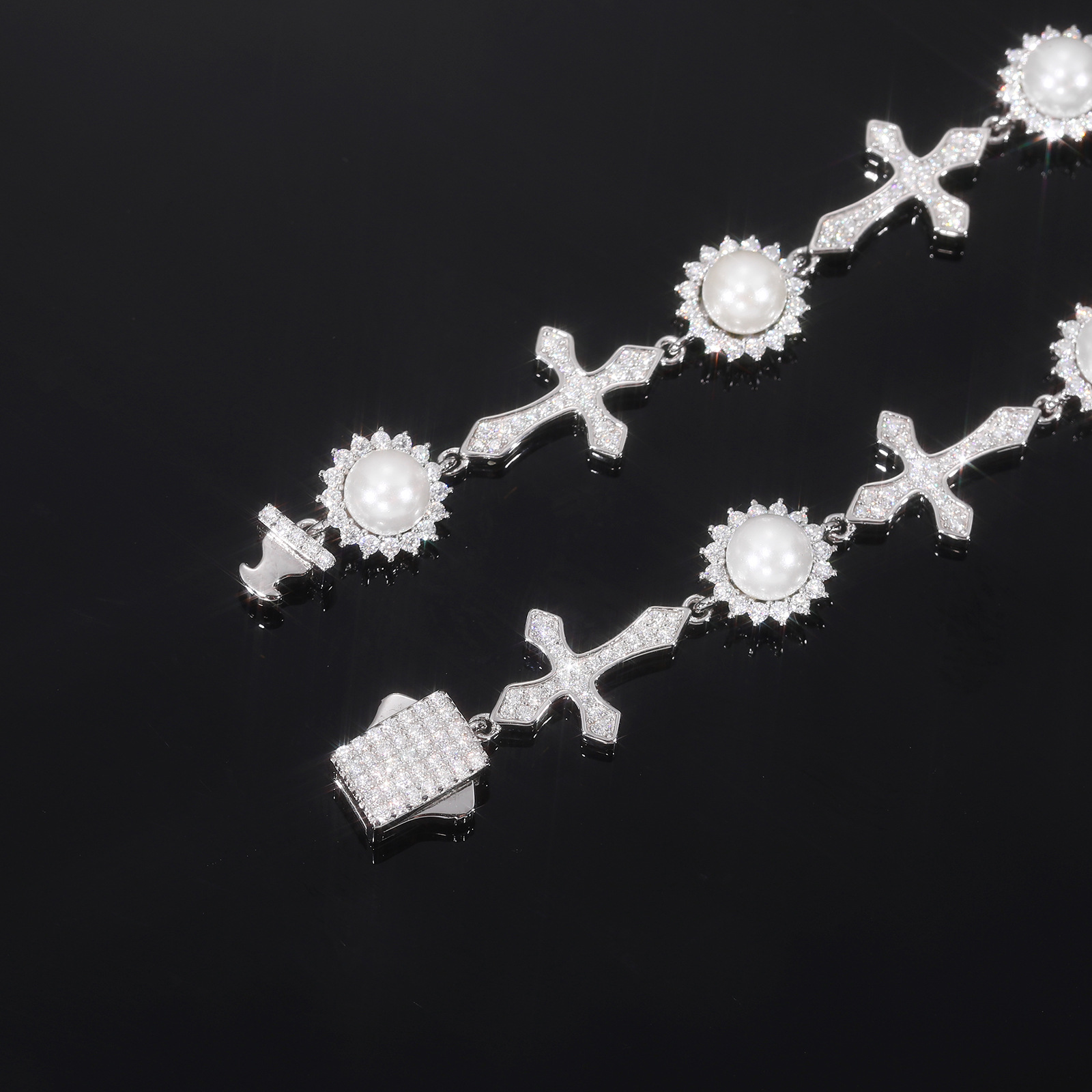 Moissanite Cross & Pearl Link Bracelet – 12mm - Image 4