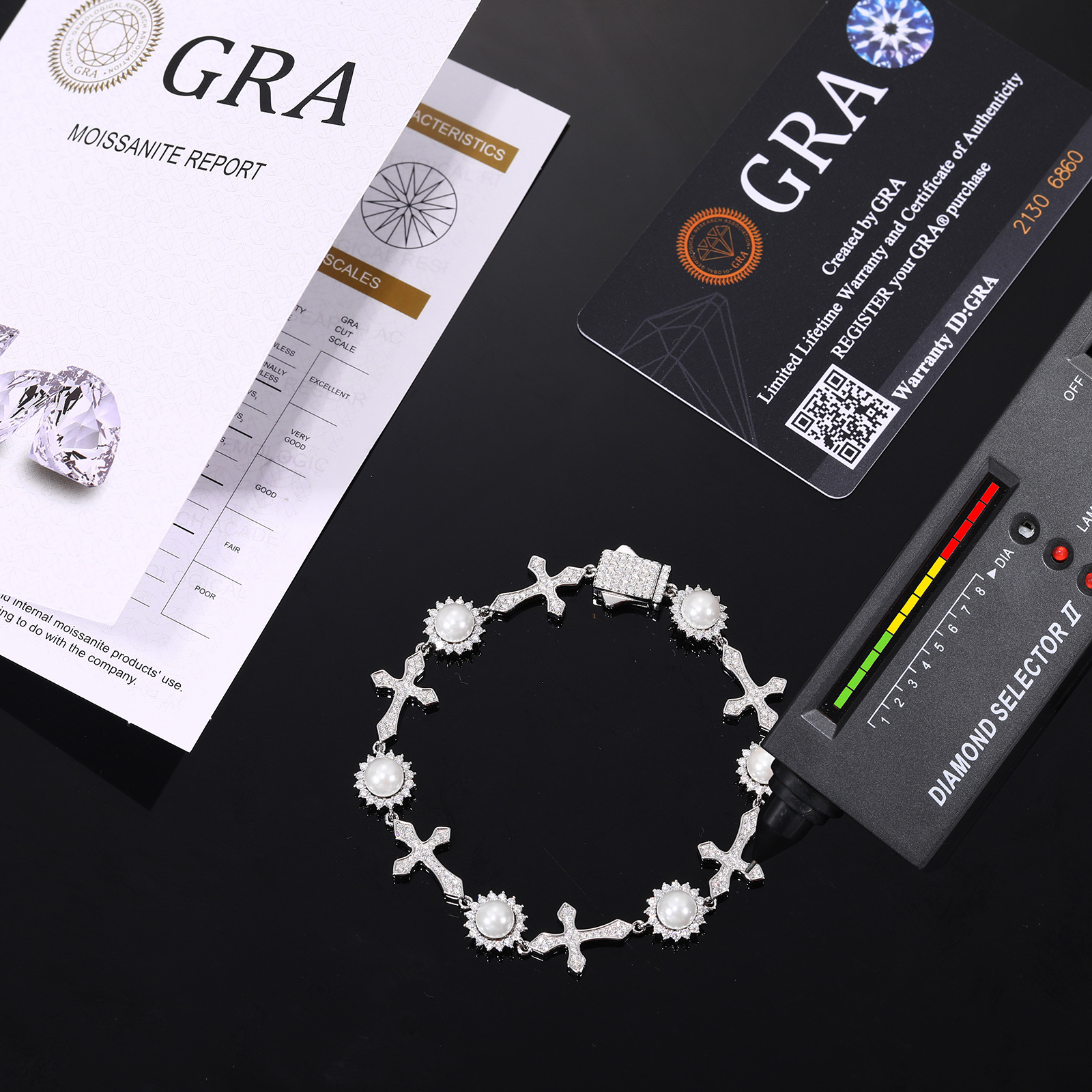Moissanite Cross & Pearl Link Bracelet – 12mm - Image 5
