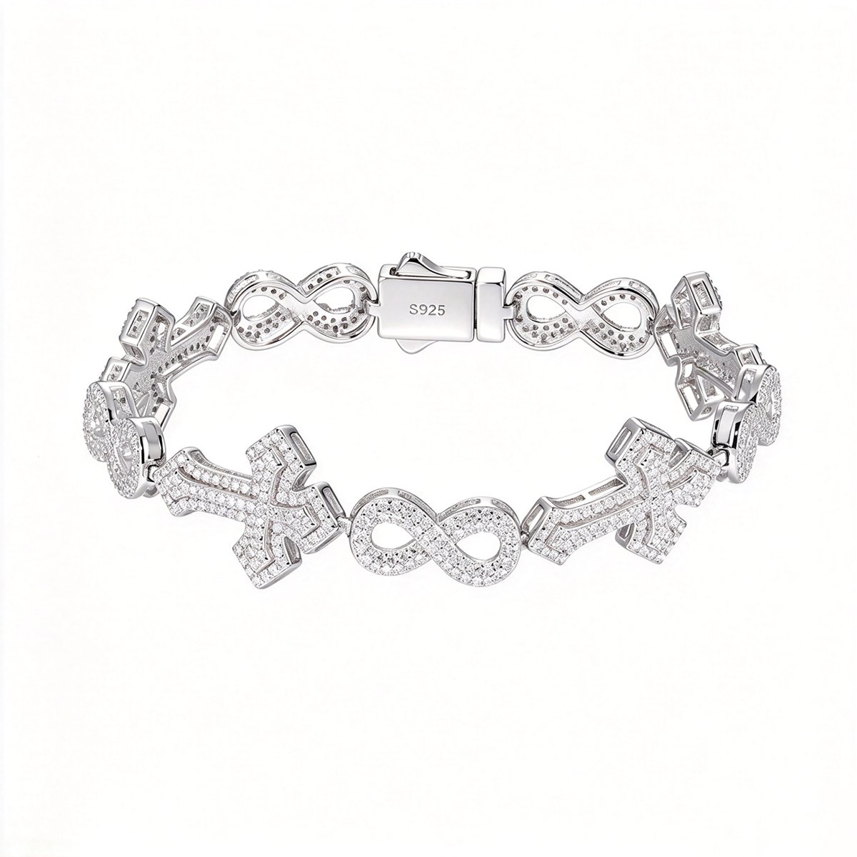 Moissanite Cross Infinity Link Bracelet – 15mm Pavé