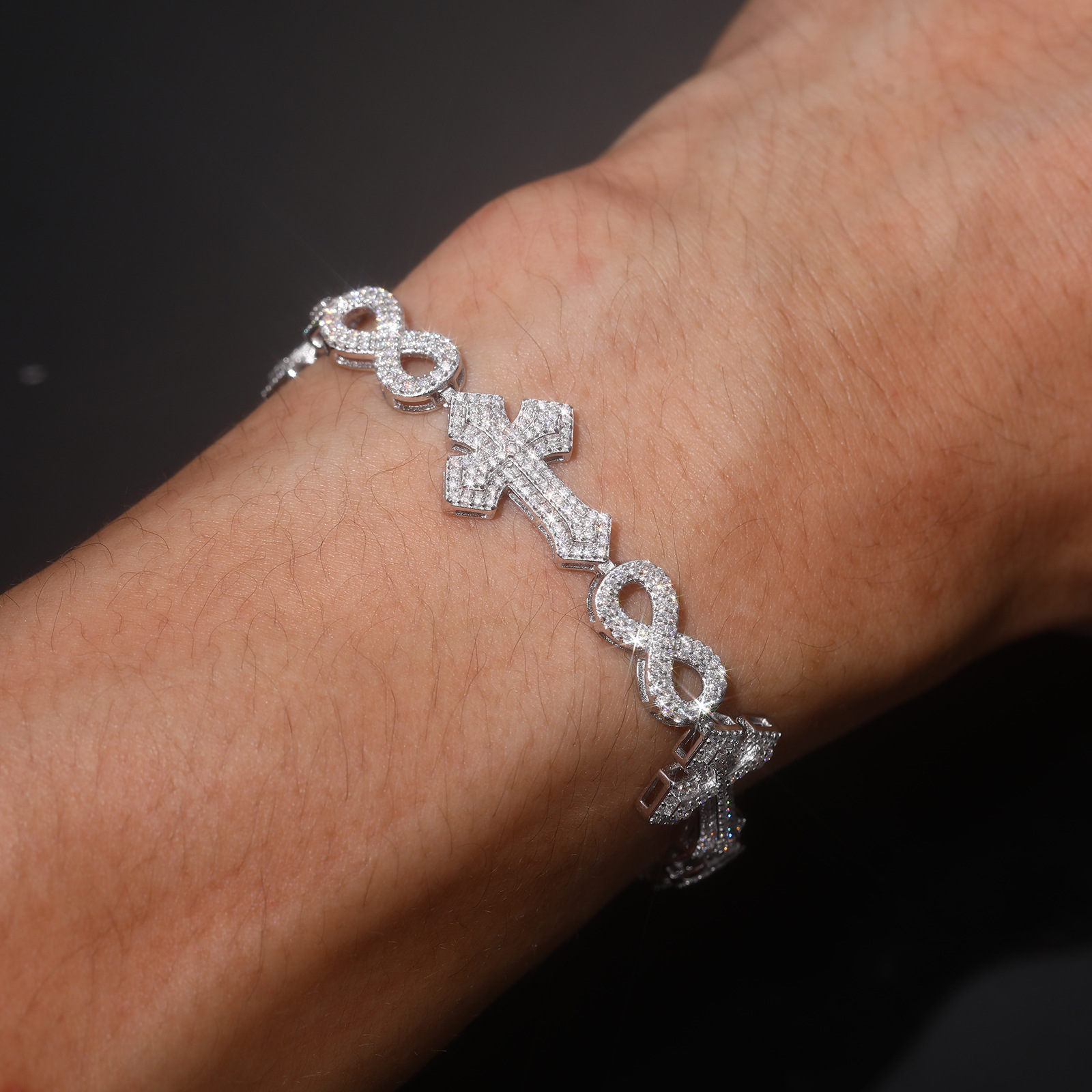 Moissanite Cross Infinity Link Bracelet – 15mm Pavé - Image 3