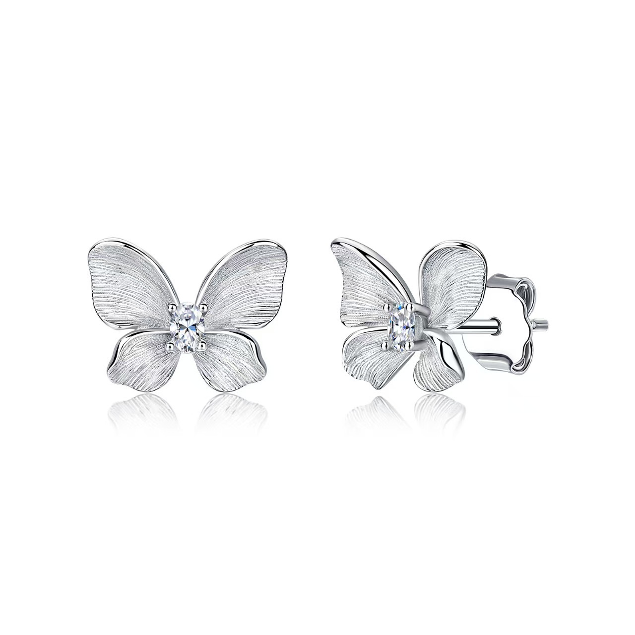 Oval Moissanite Brushed Butterfly Stud Earrings – 0.08ct DEW Each