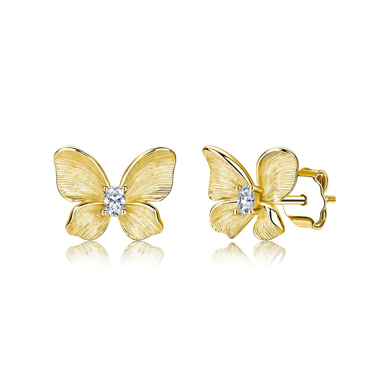 Oval Moissanite Brushed Butterfly Stud Earrings – 0.08ct DEW Each - alternate view