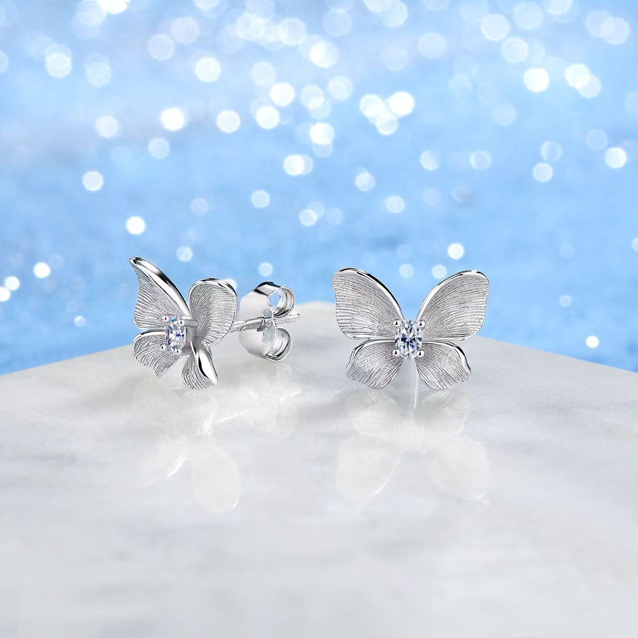 Oval Moissanite Brushed Butterfly Stud Earrings – 0.08ct DEW Each - Image 6
