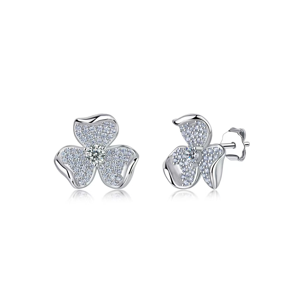 Moissanite Pavé Three-Petal Flower Stud Earrings – 0.55ct DEW Each