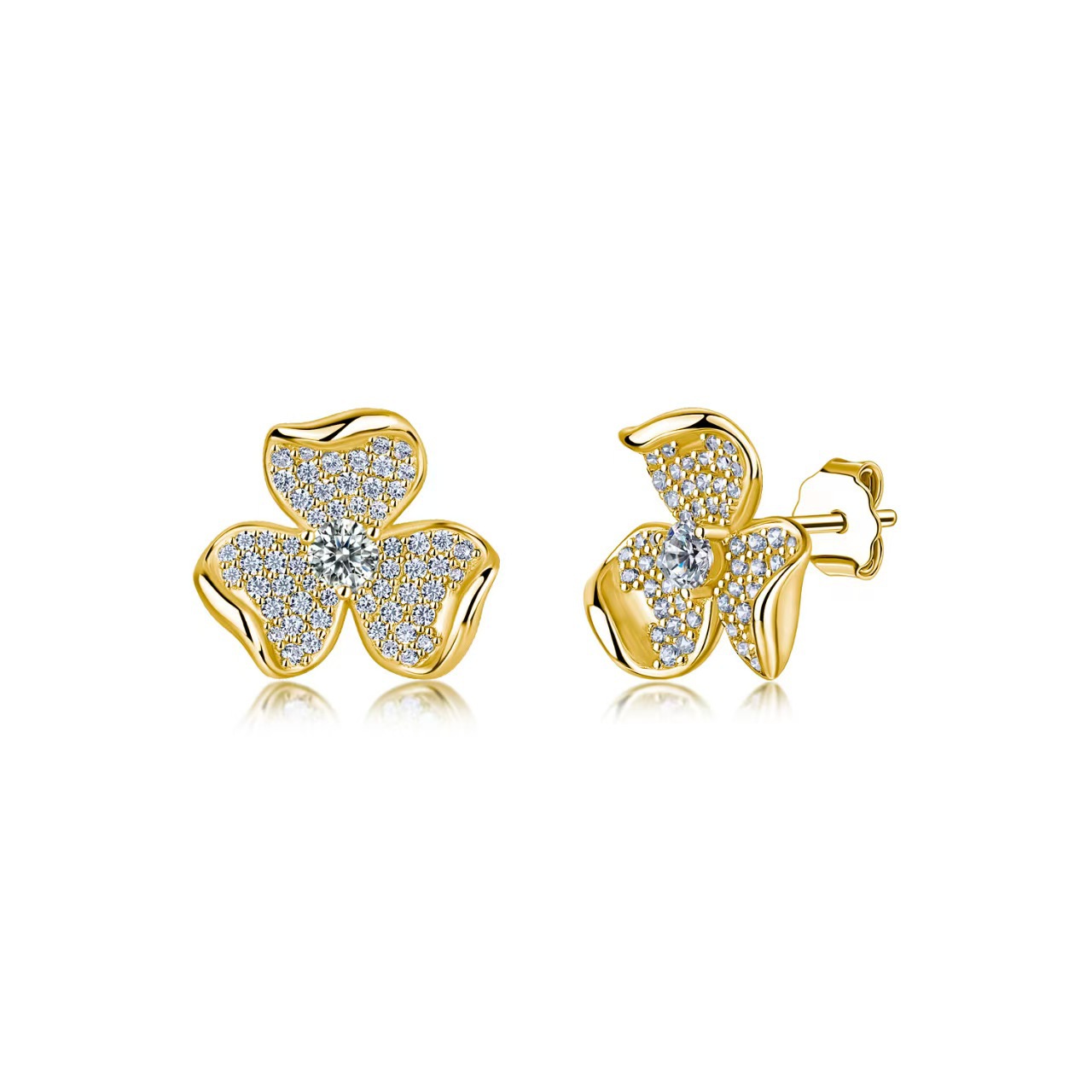 Moissanite Pavé Three-Petal Flower Stud Earrings – 0.55ct DEW Each - alternate view