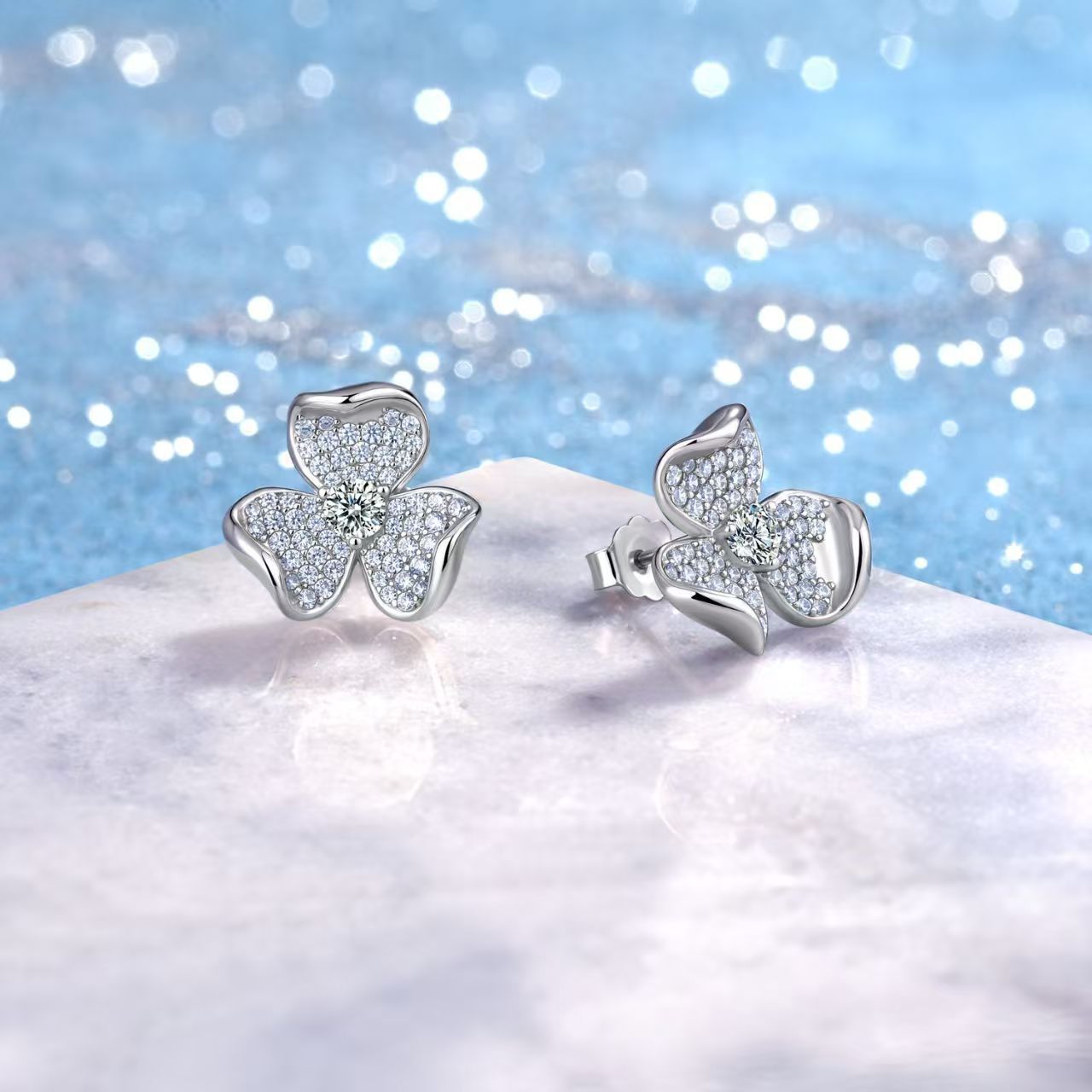 Moissanite Pavé Three-Petal Flower Stud Earrings – 0.55ct DEW Each - Image 5