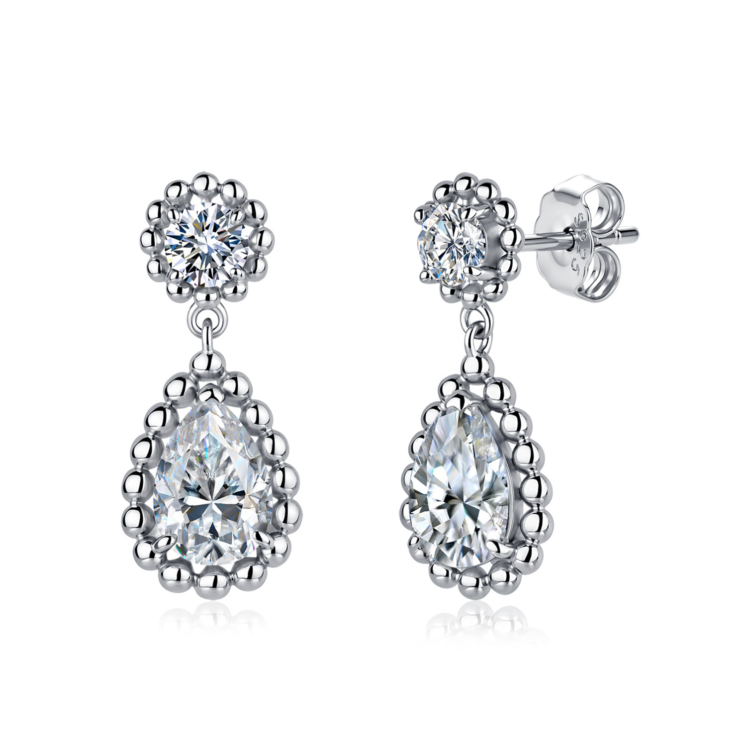 Pear Moissanite Beaded Halo Drop Earrings – 1.85ct DEW Each