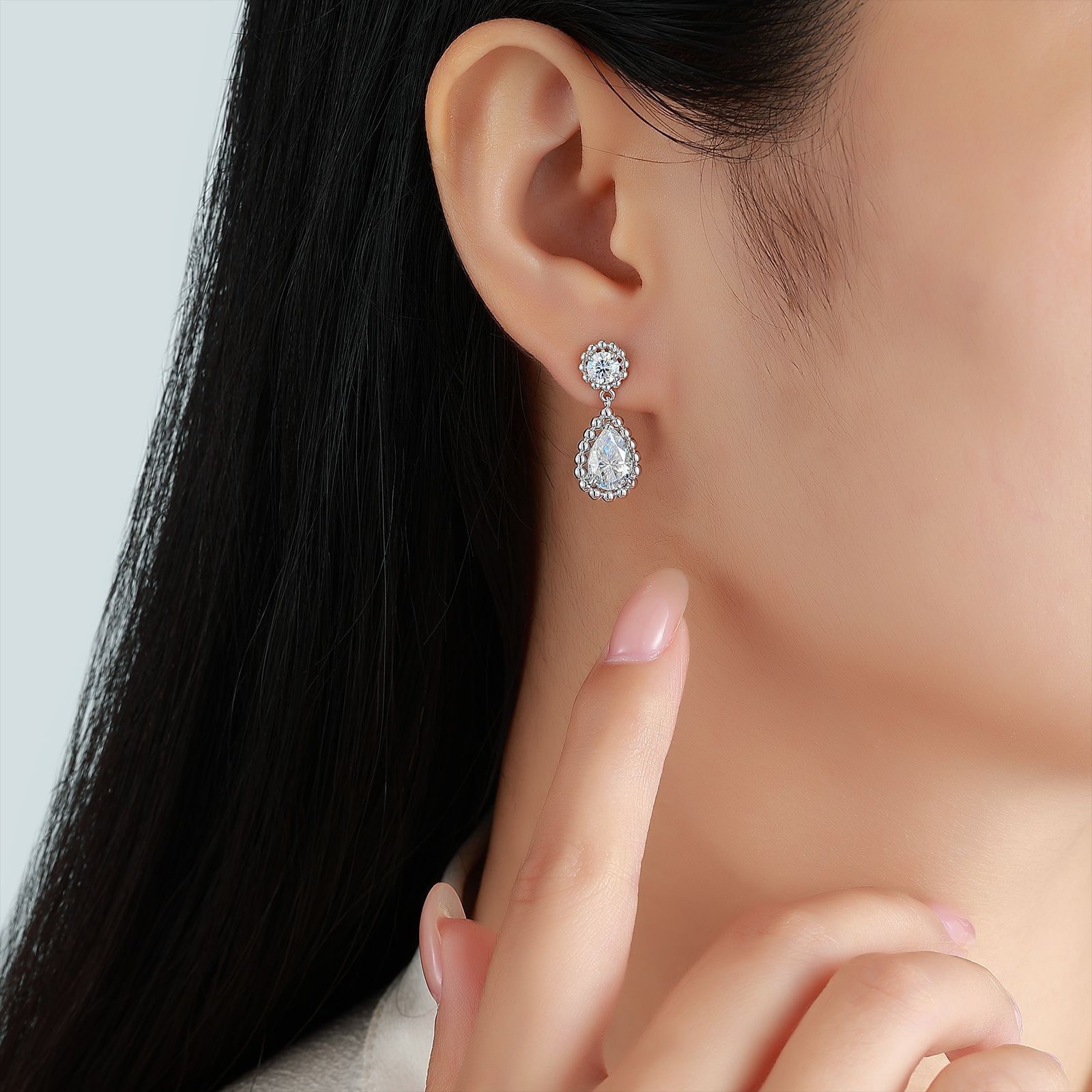 Pear Moissanite Beaded Halo Drop Earrings – 1.85ct DEW Each - Image 6