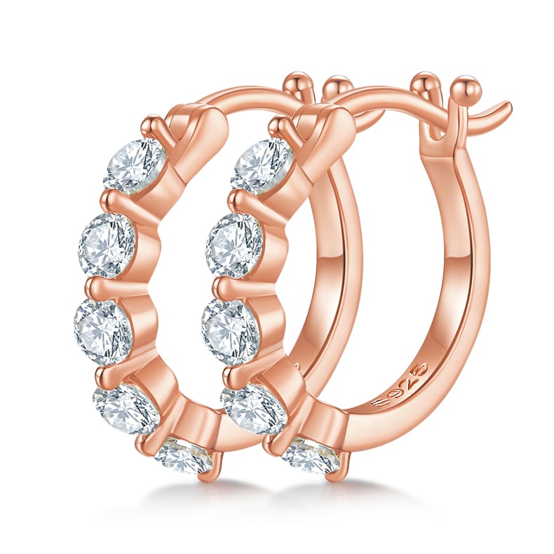 Moissanite Huggie Hoop Earrings | 925 Sterling Silver, Five-Stone Round Cut (1ct DEW / 3mm each)