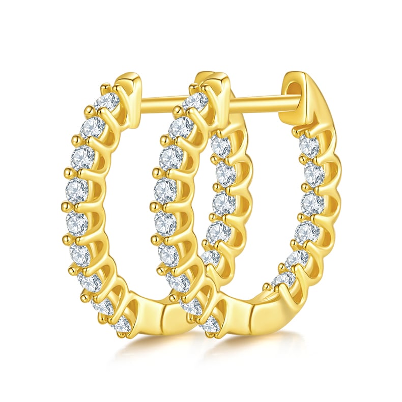 Vintage Moissanite Hoop Earrings | Round-Cut Single Row | White, Yellow & Rose Gold