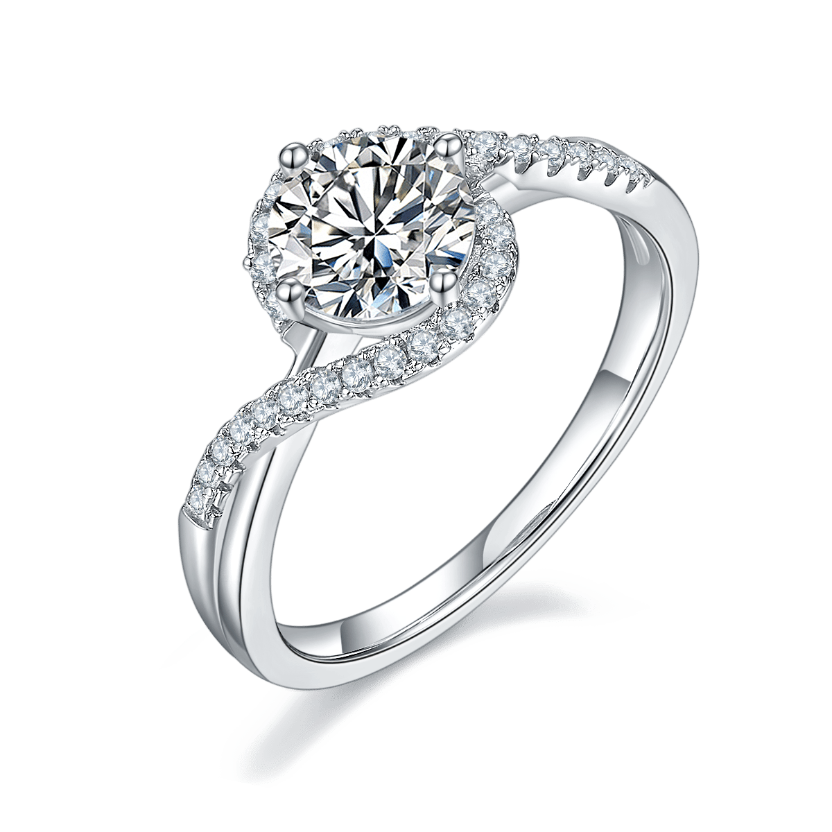 Moissanite Angel Eye Swirl Ring | Round Solitaire Pave Bypass Halo | 925 Sterling Silver