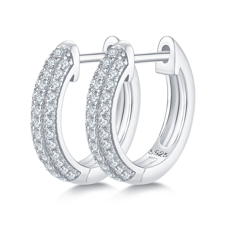 U-Shape Pavé Moissanite Huggie Hoop Earrings | 925 Sterling Silver | DEF VVS Round-Cut Stones