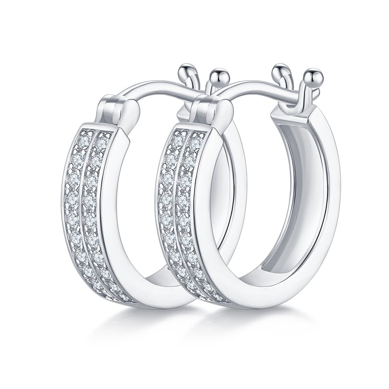 Sterling Silver Moissanite Huggie Hoop Earrings | Double-Row Pavé | 18K Gold Plated