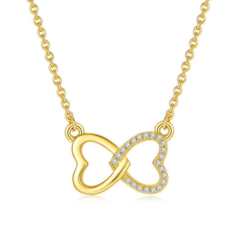 Interlocking Double Heart Moissanite Necklace | Pave Twin-Heart Pendant | 3 Gold Tones
