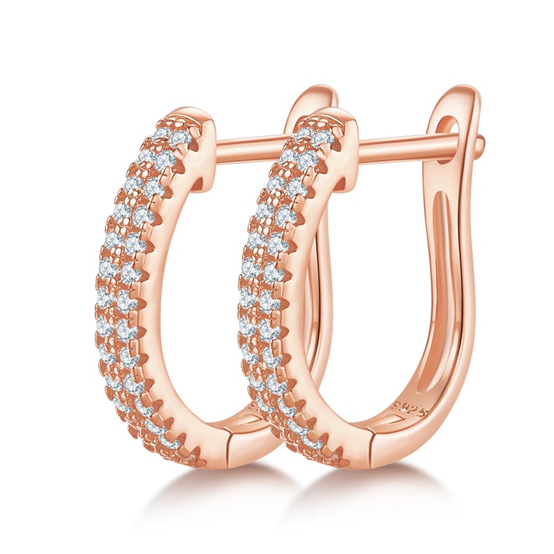 U-Shaped Pavé Moissanite Hoop Earrings | 925 Sterling Silver Huggie Hoops | DEF VVS