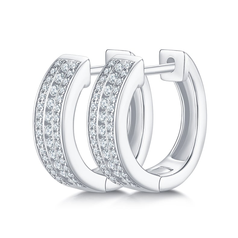 U-Shaped Moissanite Huggie Hoop Earrings | Three-Row Pavé | 925 Silver, Gold & Rhodium Plated