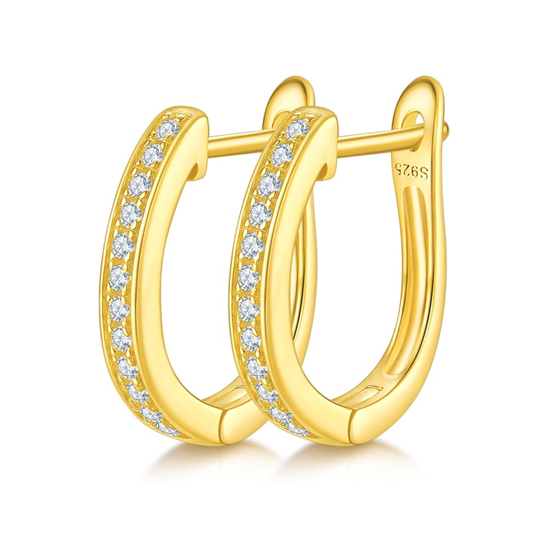 Dainty U-Shaped Moissanite Hoop Earrings | 925 Silver 18K Gold Plated Pave Setting
