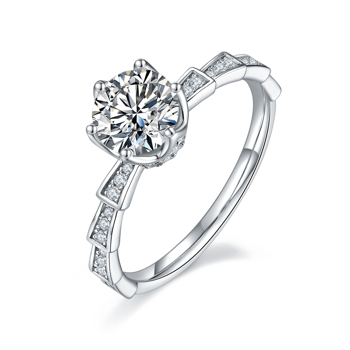 1ct Round Moissanite Solitaire Ring | Geometric Segmented Band | 925 Sterling Silver