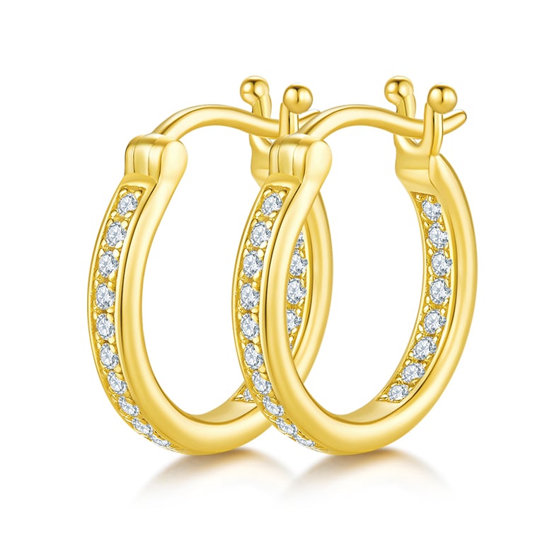 Sterling Silver Pavé Moissanite Hoop Earrings | Single-Row DEF Stones, Snap-Back | Daily Wear