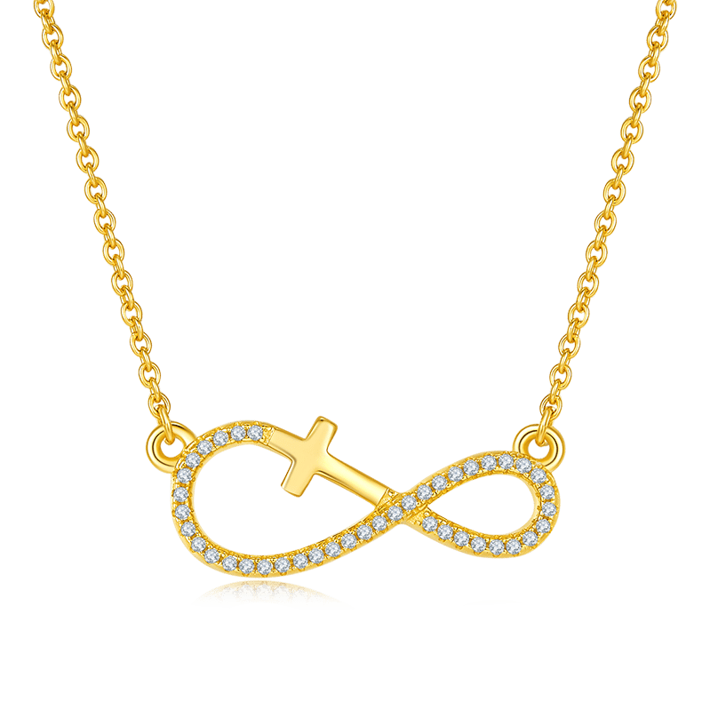Cross Infinity Moissanite Necklace | Pave Sideways Infinity with Cross | 3-Tone Silver