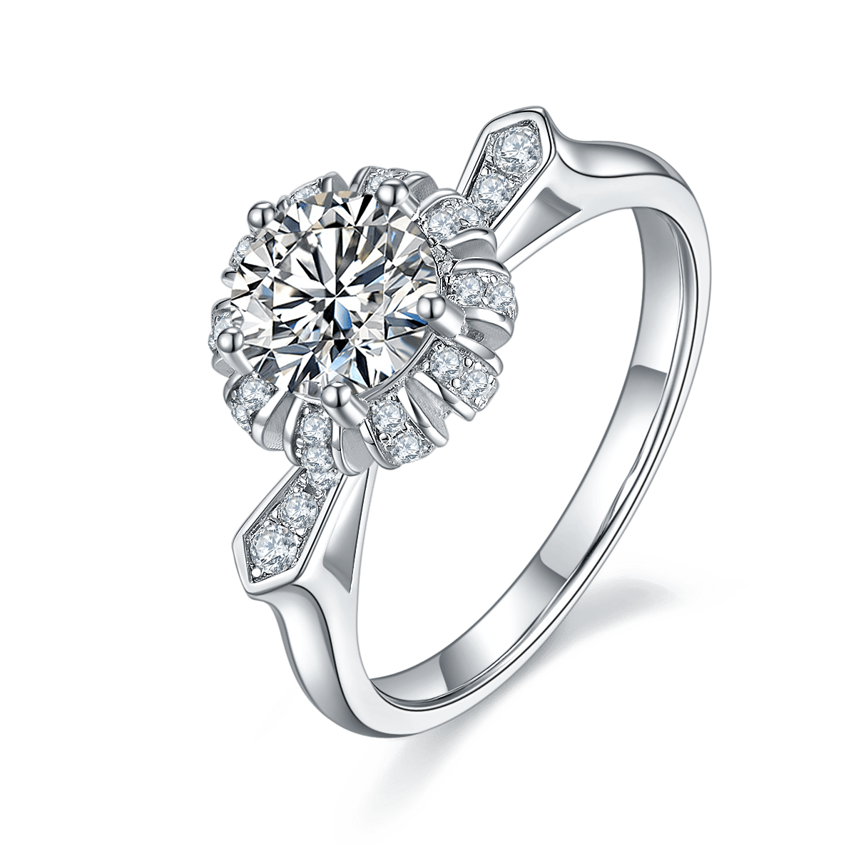 Round Halo Moissanite Engagement Ring | 925 Sterling Silver | Pinched Pavé Shoulders