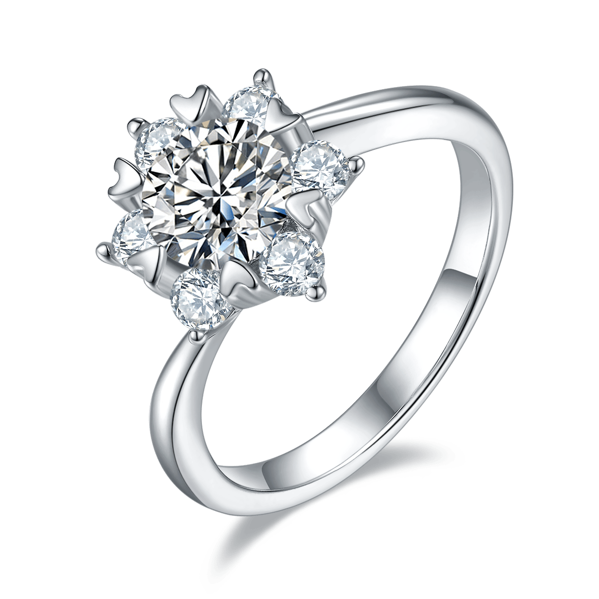 Star Flower Moissanite Ring | 925 Sterling Silver | Round Brilliant Halo of Petal Accents