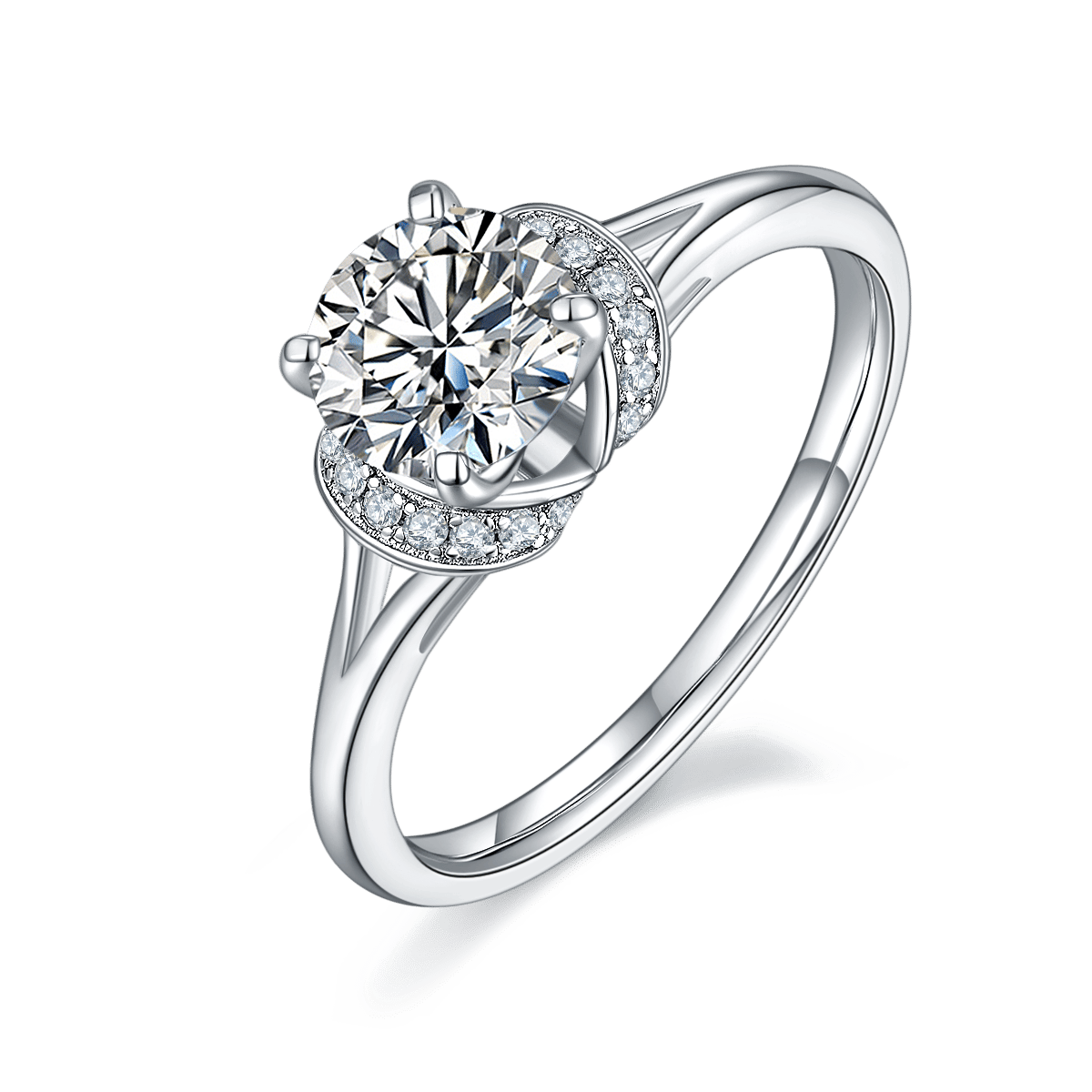 1 Carat Moissanite Ring | Round Solitaire with Pavé Swirl Accent | 925 Sterling Silver