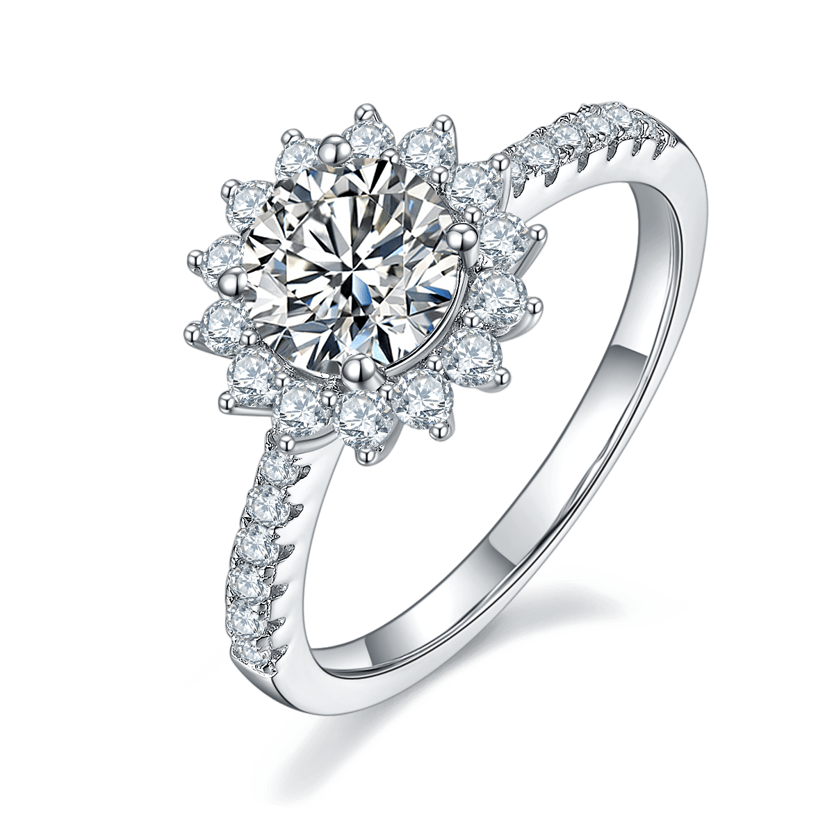 925 Silver Moissanite Sunflower Halo Ring | 1ct DEW Round Center | Pave Band, Color Options