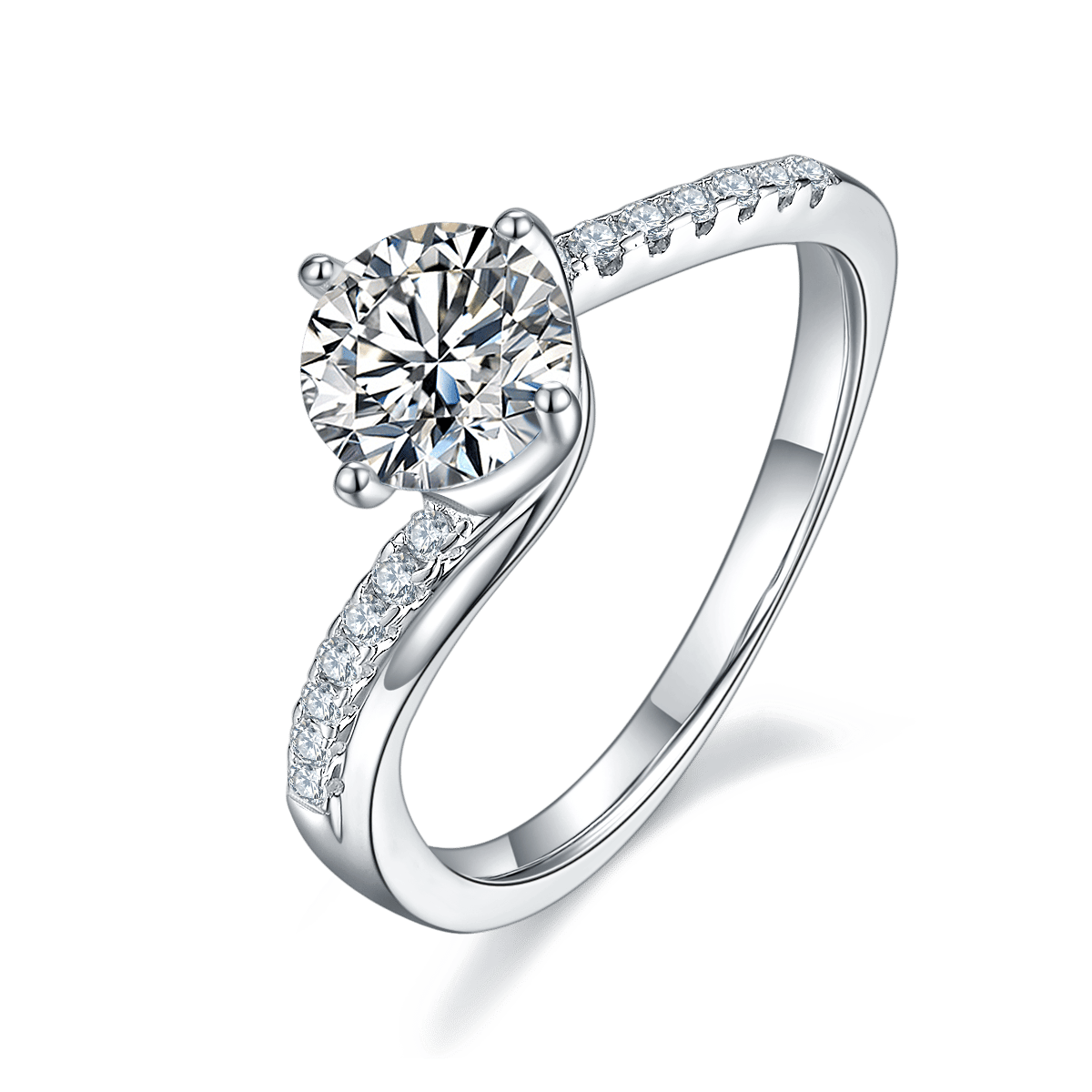 Twisted Band Moissanite Ring | 1ct Round Solitaire | Pave Bypass Shank | 925 Sterling Silver