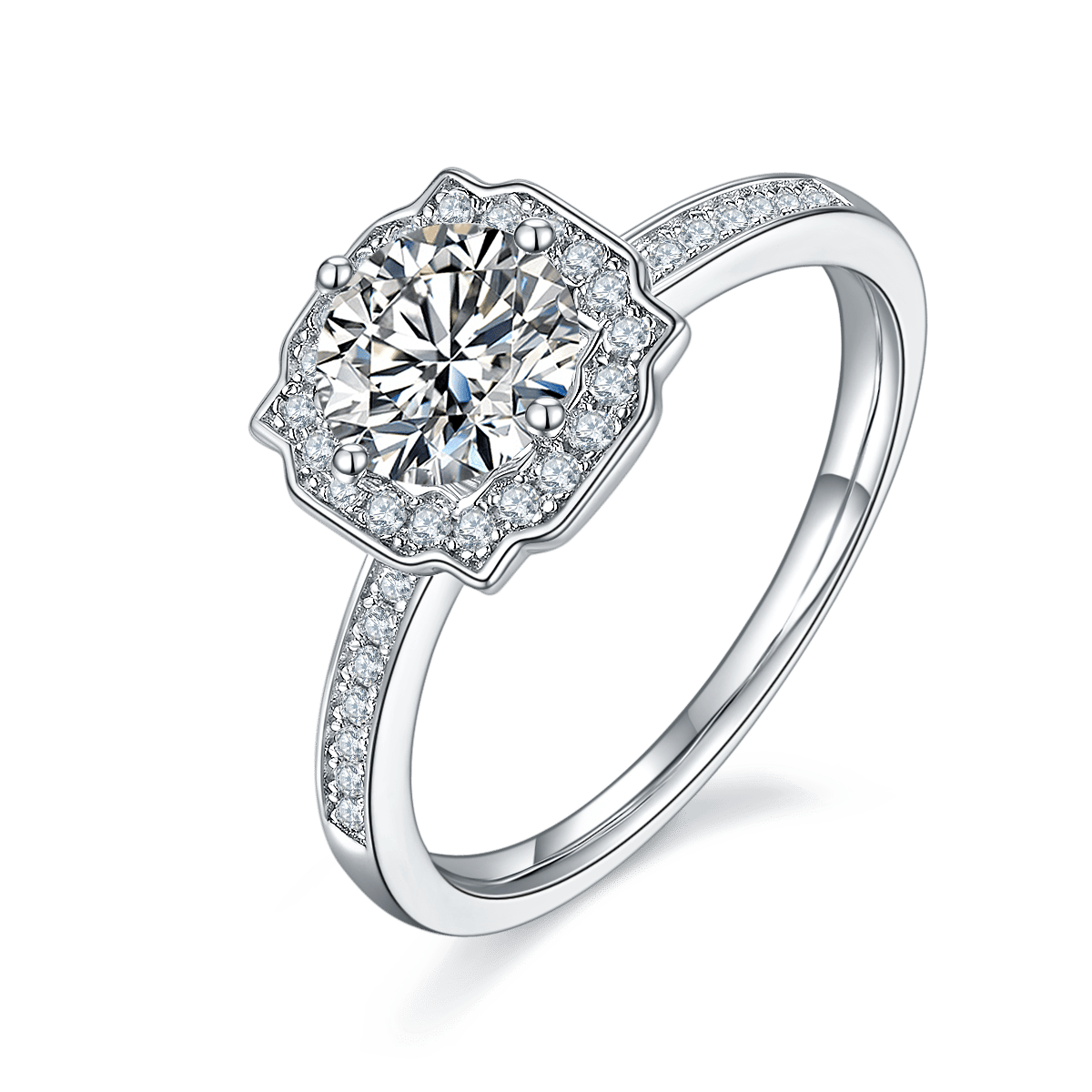 Round Moissanite Halo Engagement Ring | Floral Cushion Pave Halo | 925 Silver