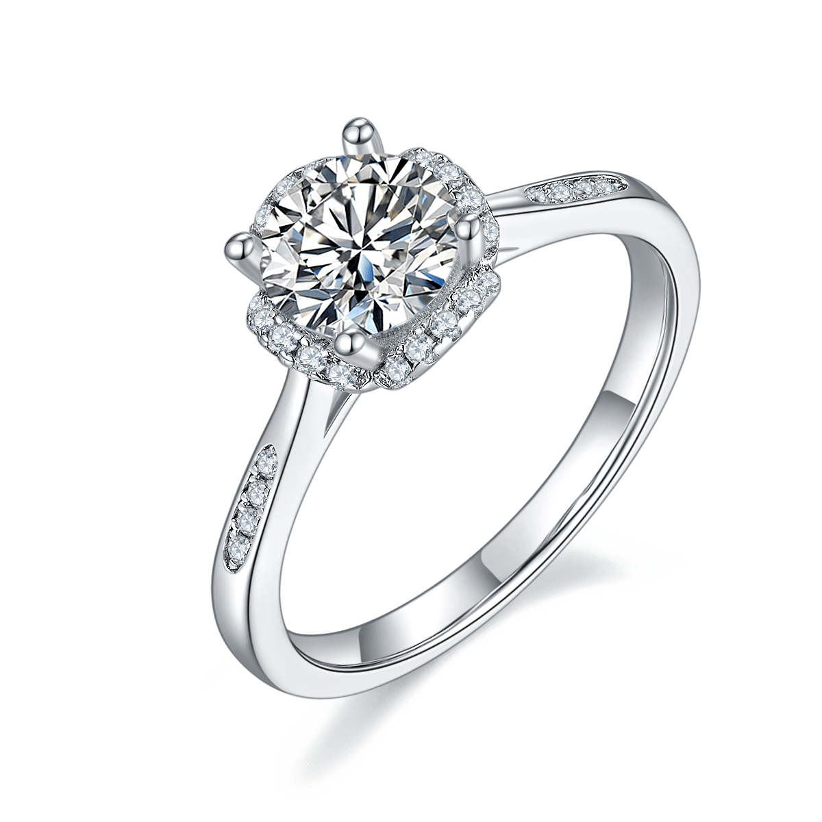 1ct Round Moissanite Cushion-Halo Engagement Ring | DEF Colorless, 925 Sterling Silver