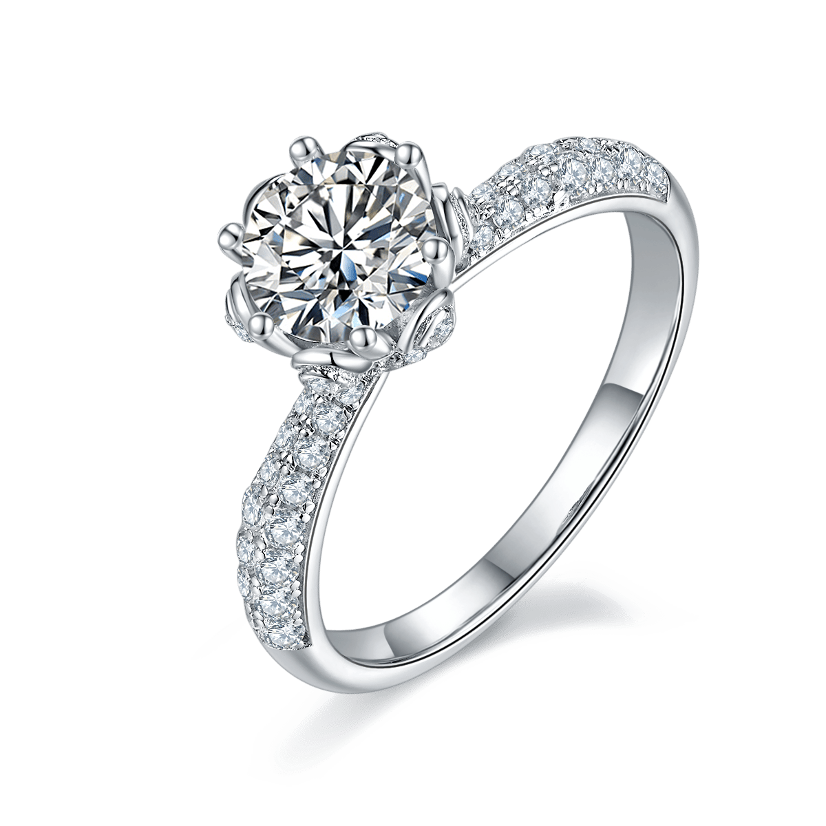Round Moissanite Solitaire Ring | Pavé Floral Crown | 1ct DEW 6.5mm 925 Silver