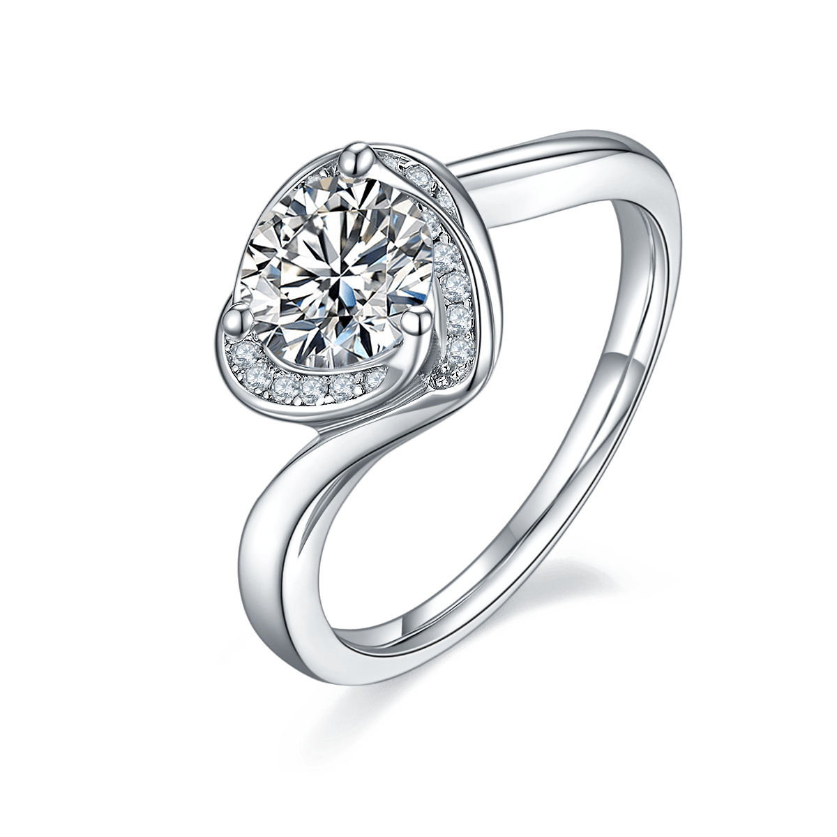 Heart Halo Moissanite Ring | 1ct DEW Round Center | 925 Silver Bypass Band