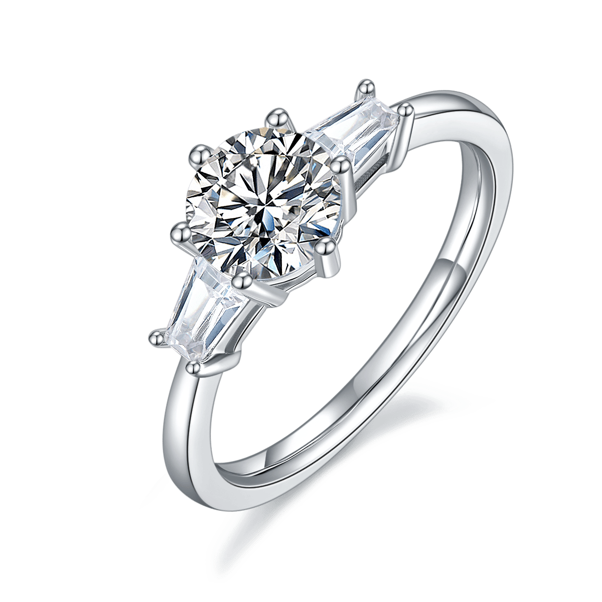 Three Stone Moissanite Ring | Round Brilliant & Tapered Baguettes | 925 Silver