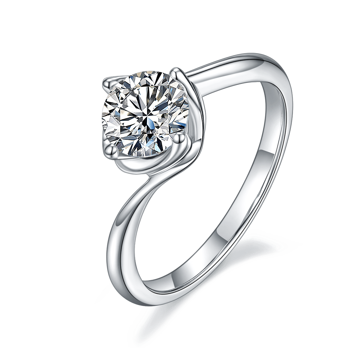 Twisted Bypass Moissanite Solitaire Ring | 1ct DEW Round Cut Engagement Ring in 925 Silver