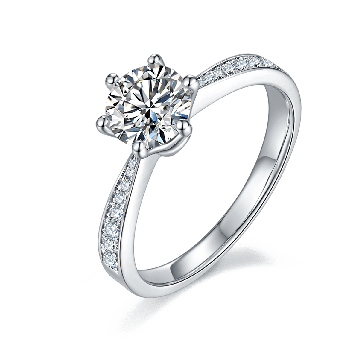 925 Silver Moissanite Six-Prong Solitaire Ring | 1ct DEW Round Brilliant with Pavé Shoulders