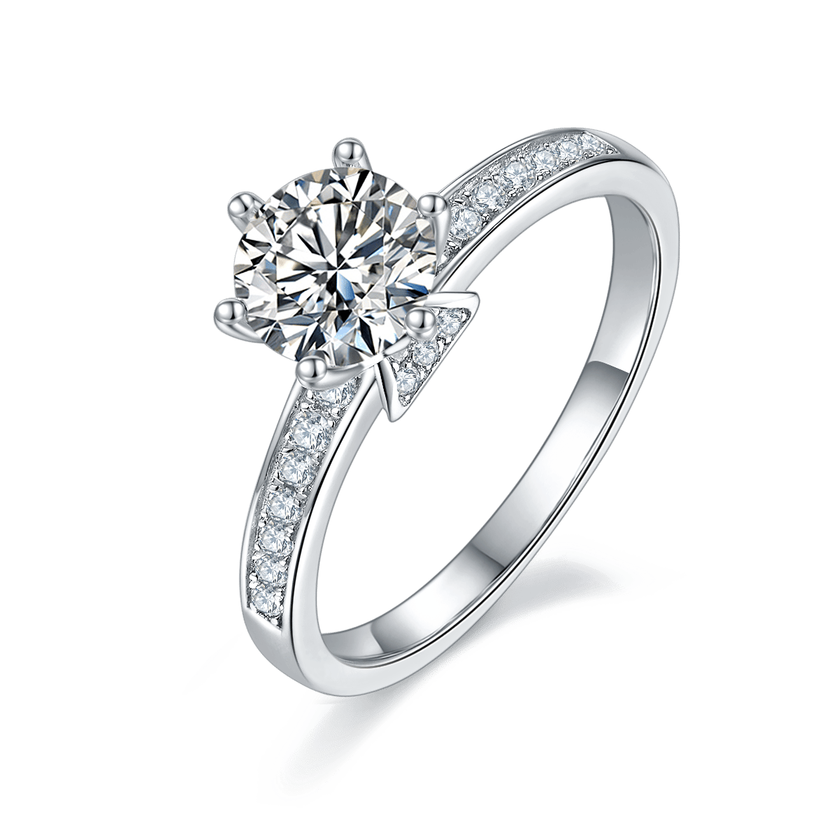 1ct Round Moissanite Solitaire Ring | 925 Sterling Silver Pave Shoulders | DEF Colorless