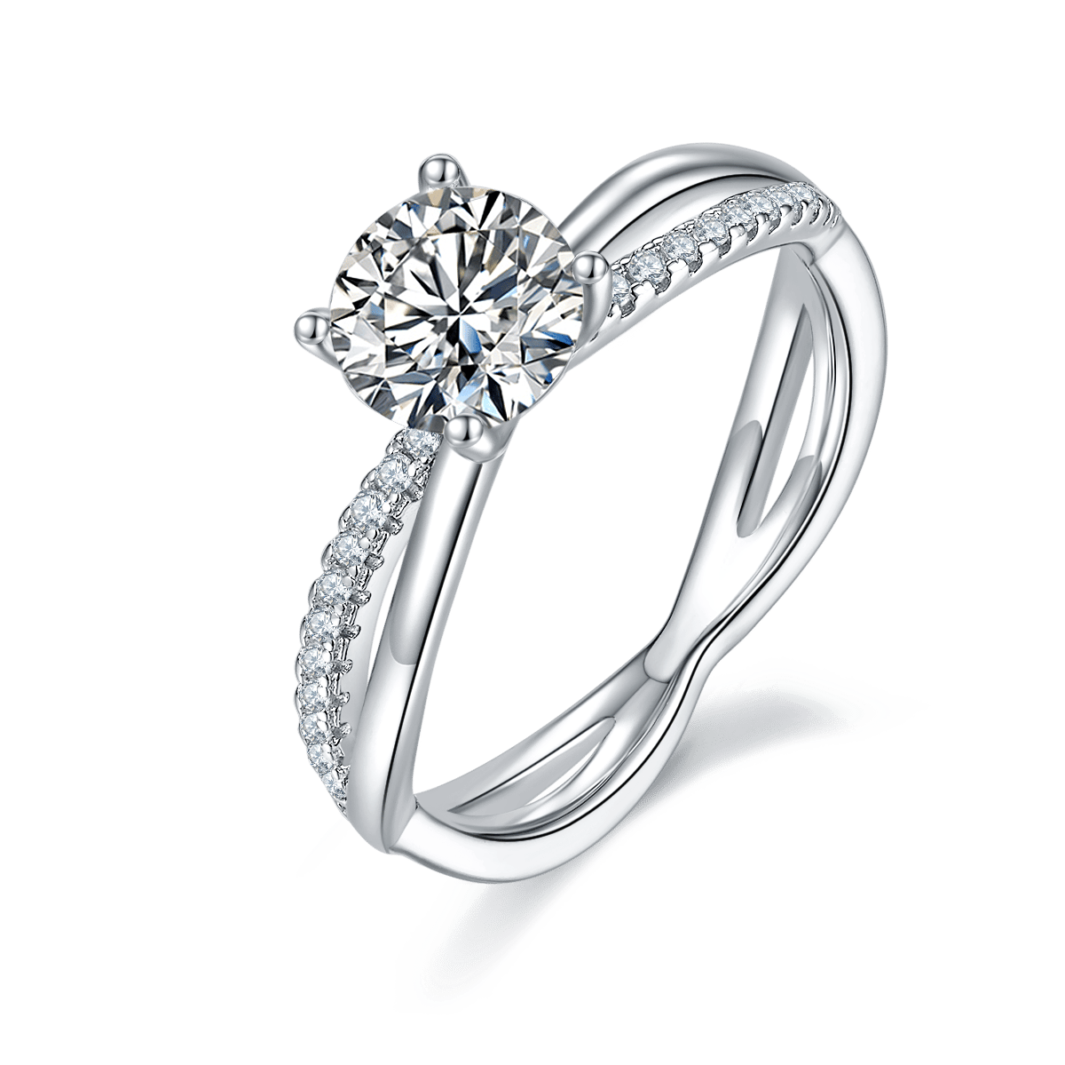 1 Carat Moissanite Solitaire Ring | Four-Prong Round Cut | Pavé Crossover 925 Silver Band
