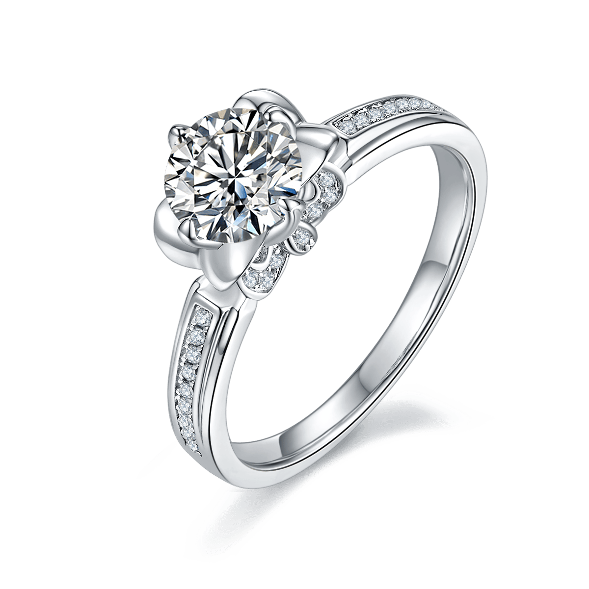 1 Carat Round Moissanite Engagement Ring | 4-Prong Pavé Solitaire | 925 Sterling Silver