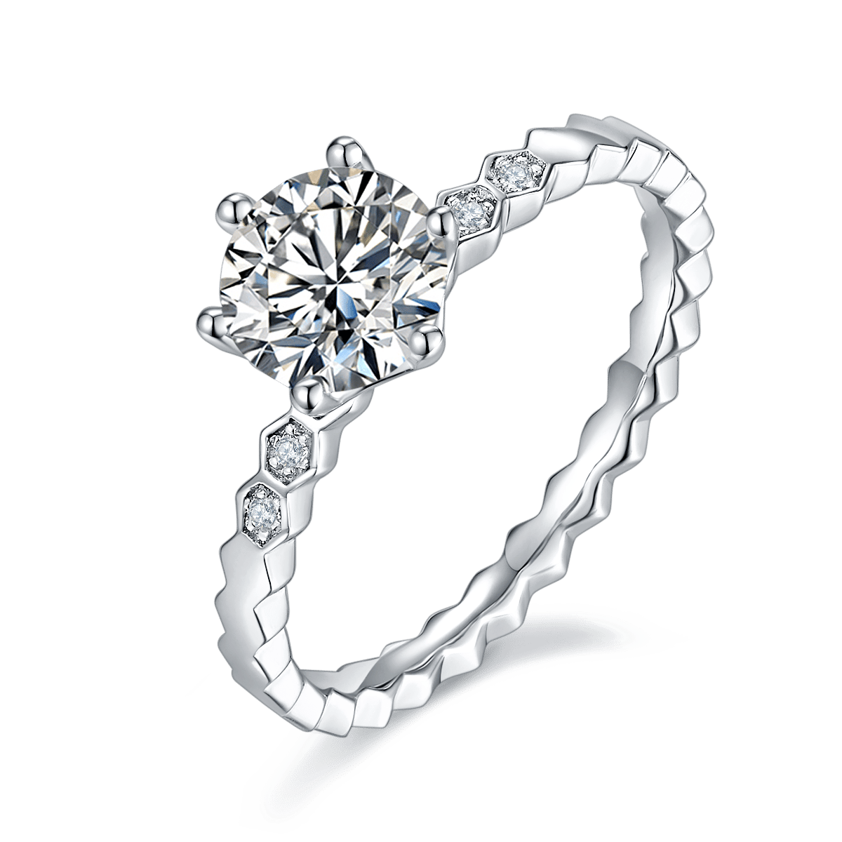 925 Silver Honeycomb Band Moissanite Ring | 1ct DEW Round Solitaire | Hexagon Pave Stations