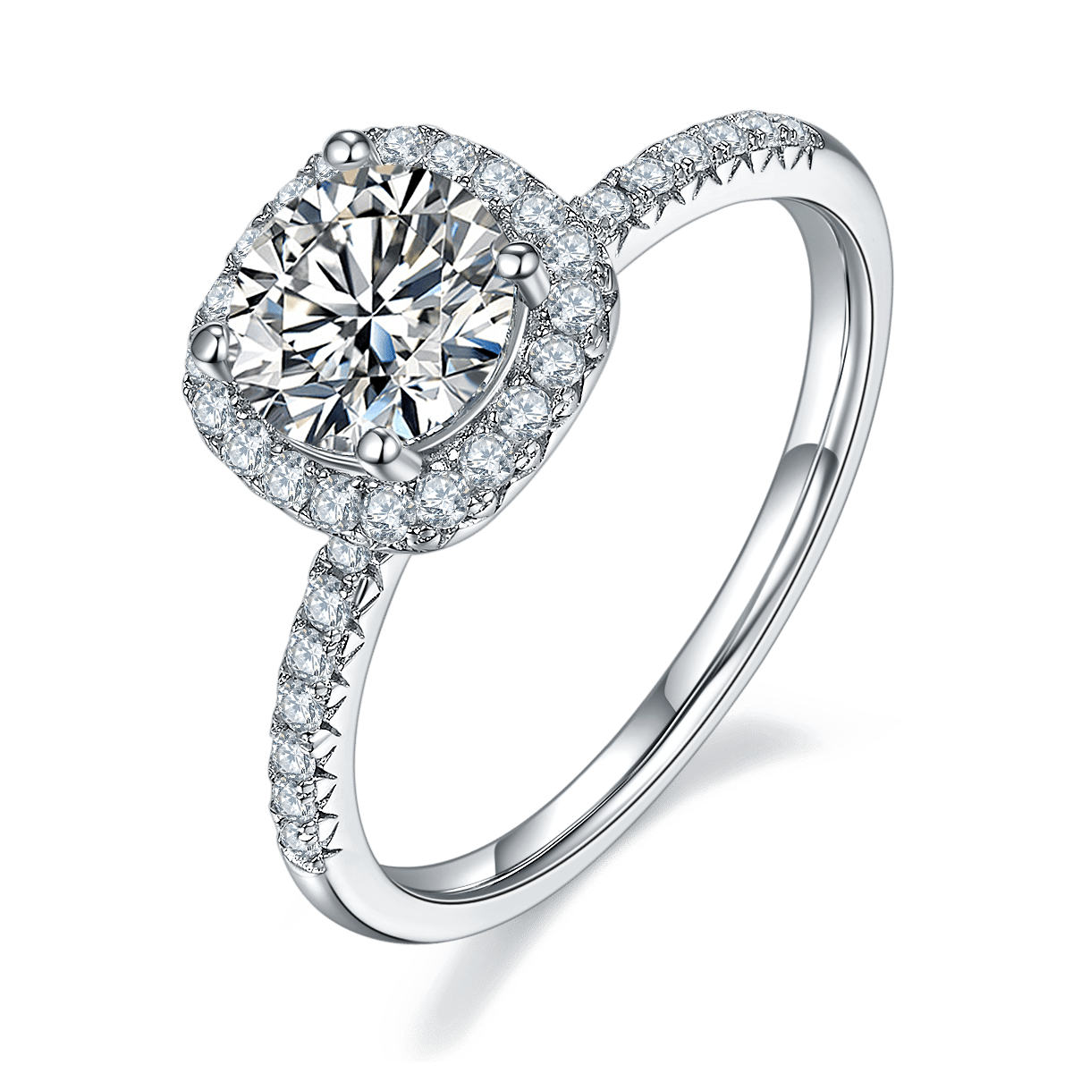 Round Moissanite Cushion Halo Ring | 1ct DEW 6.5mm DEF Colorless, Micro-Pavé 925 Sterling Silver Engagement Ring